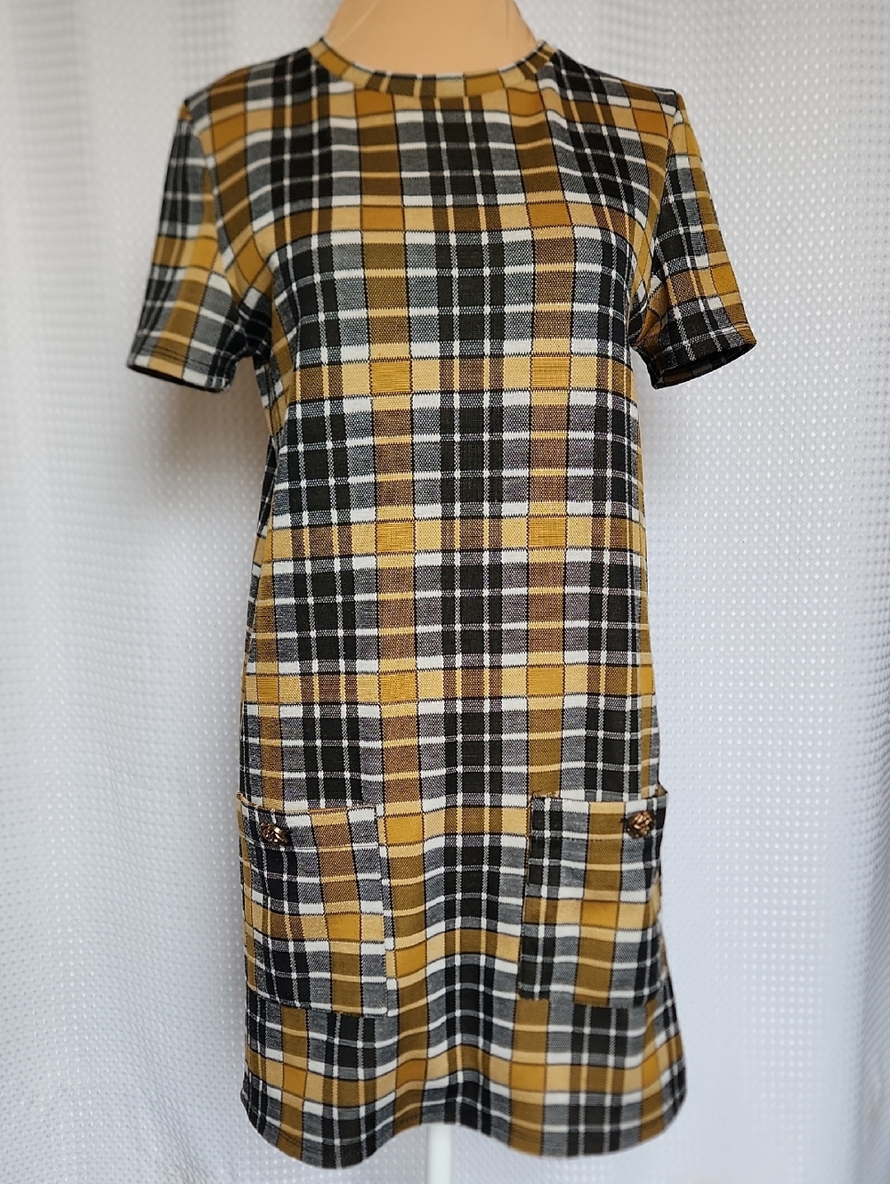 Zara Trafaluc Yellow Black Plaid Shift Dress Small Front Pockets Mod Mini